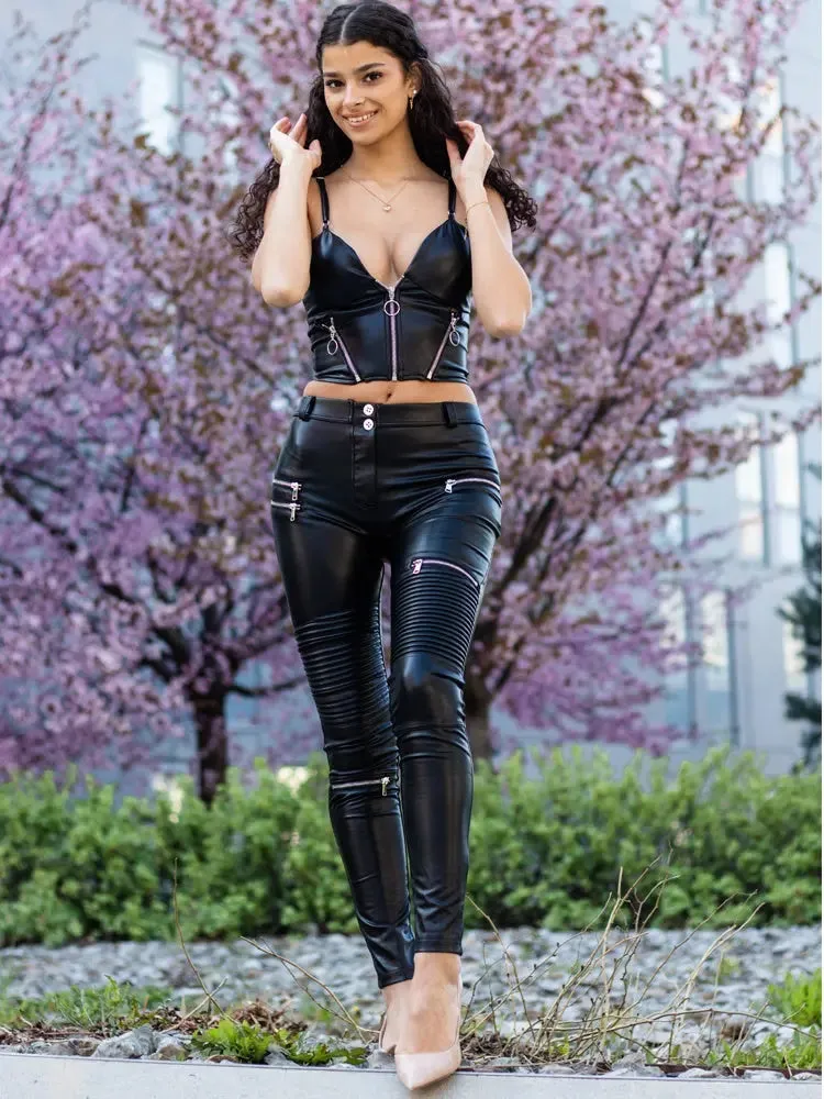 Shascullfites 2 Pieces Set Black Biker Pu Faux Leather Zipper
