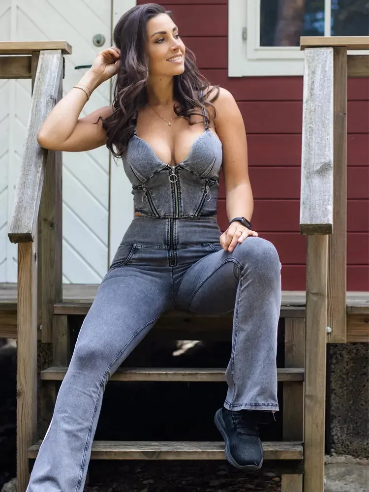 Shascullfites Melody Womens 2 Piece Outfit Set Gray Denim Flare