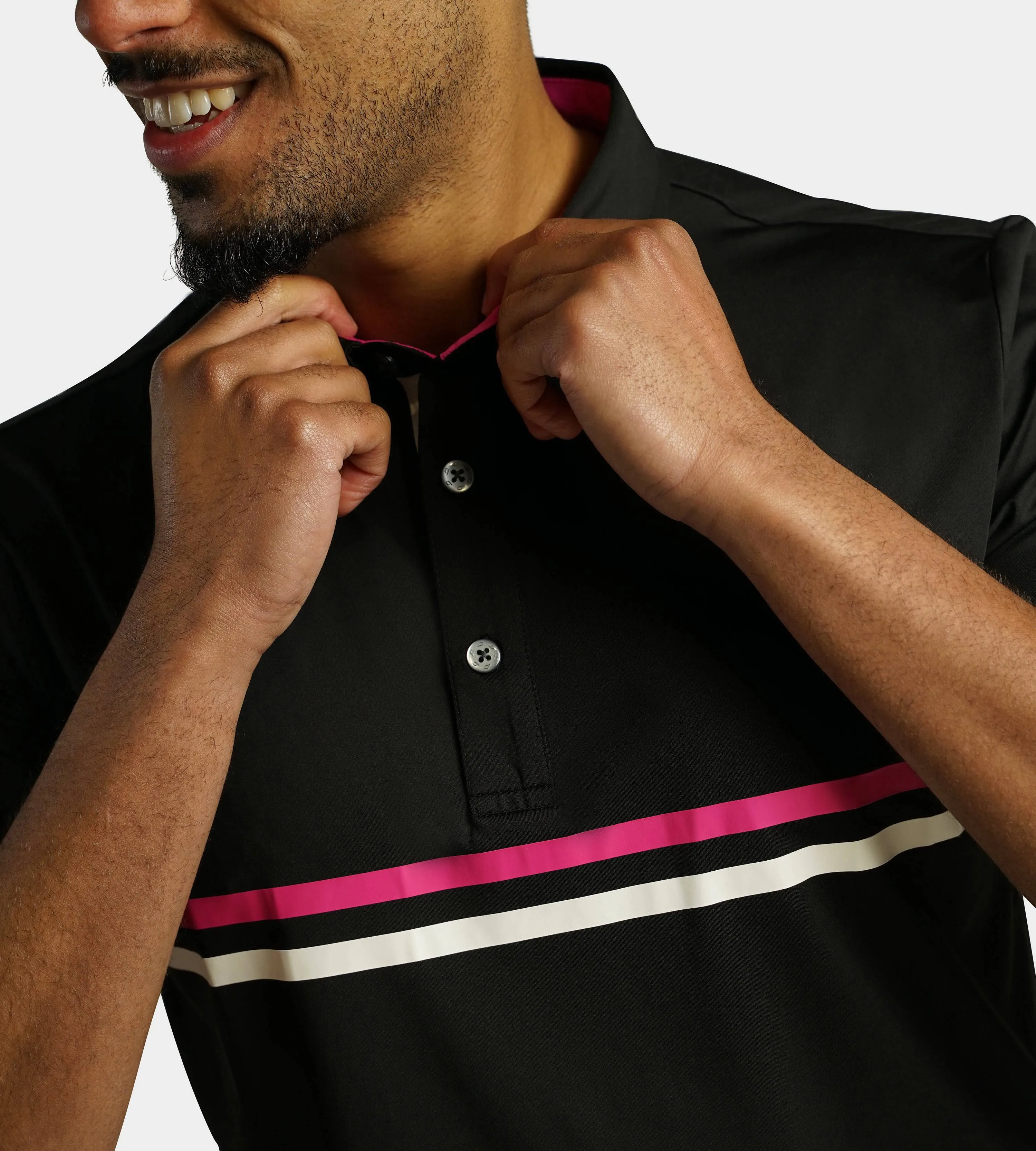 STRIPE PERFORMANCE POLO - PINK/BLACK