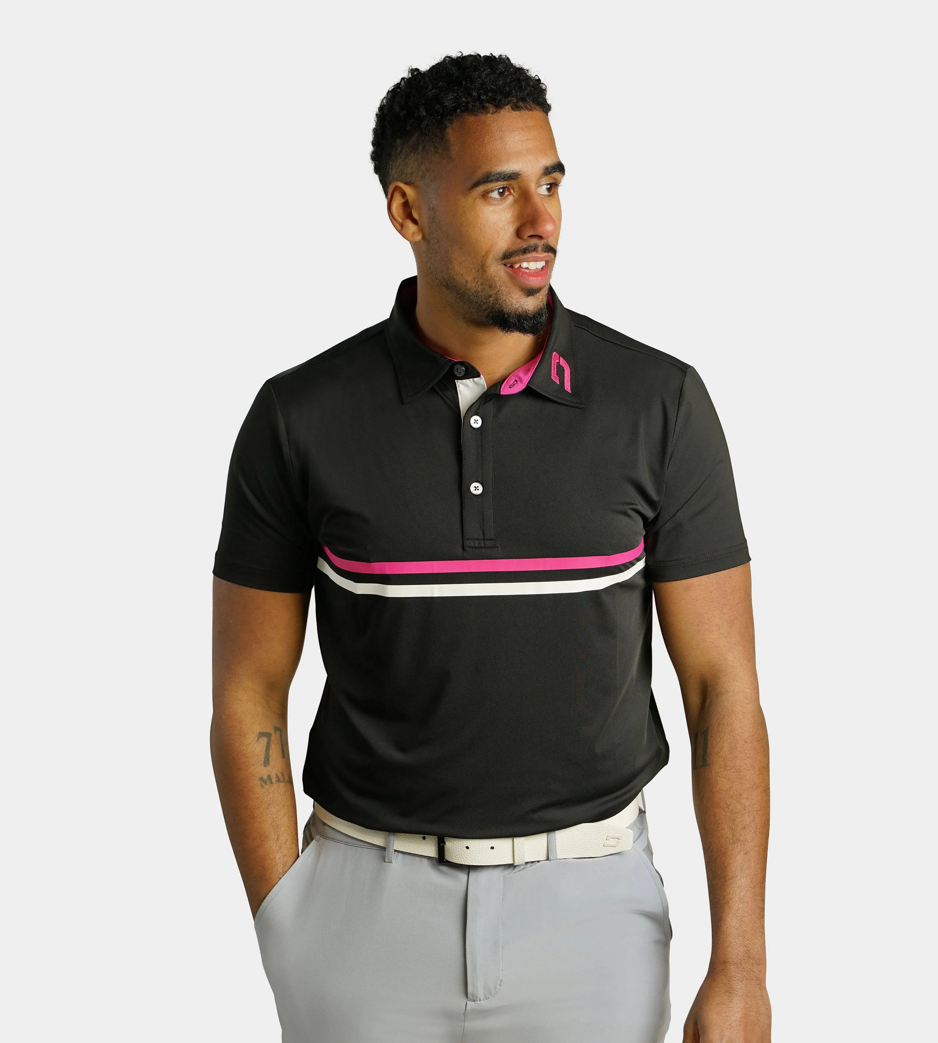 STRIPE PERFORMANCE POLO - PINK/BLACK