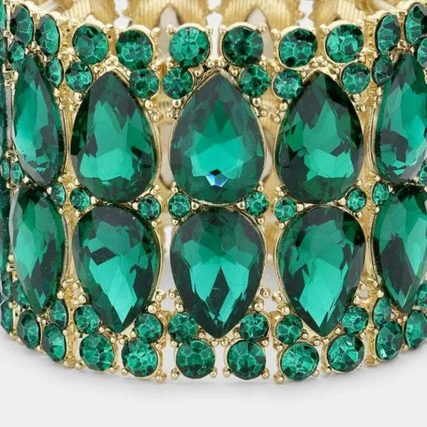 Teardrop Green Stone Accented Evening Stretch Bracelet