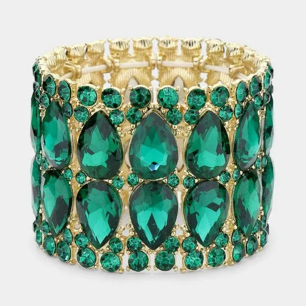 Teardrop Green Stone Accented Evening Stretch Bracelet