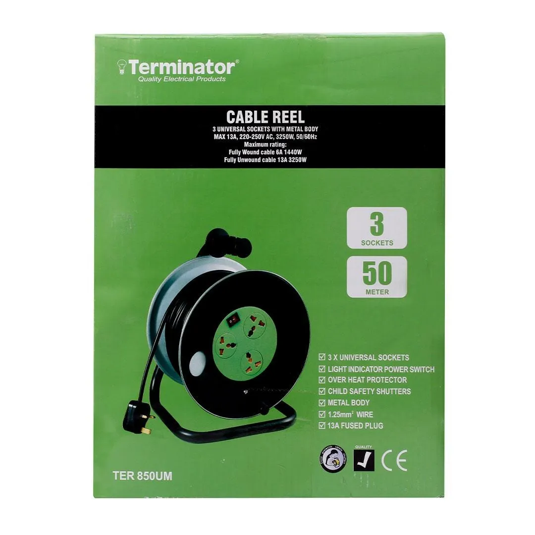 Terminator 3-Way Universal Extension Reel Socket with Lighted Switch 50M - TER 850UM