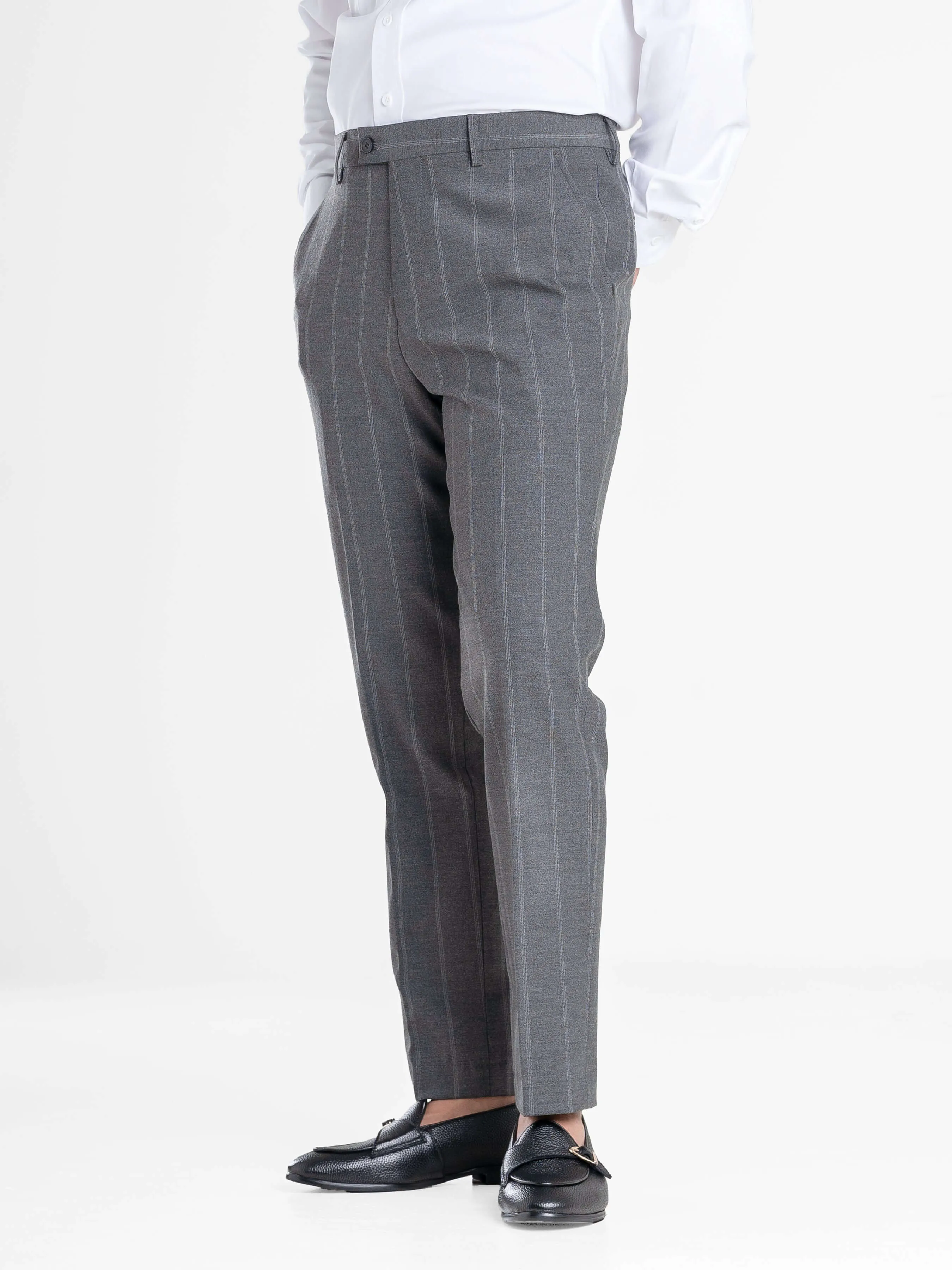 Trousers With Belt Loop -  Dark Grey Wide Stripes (Slim Straight)