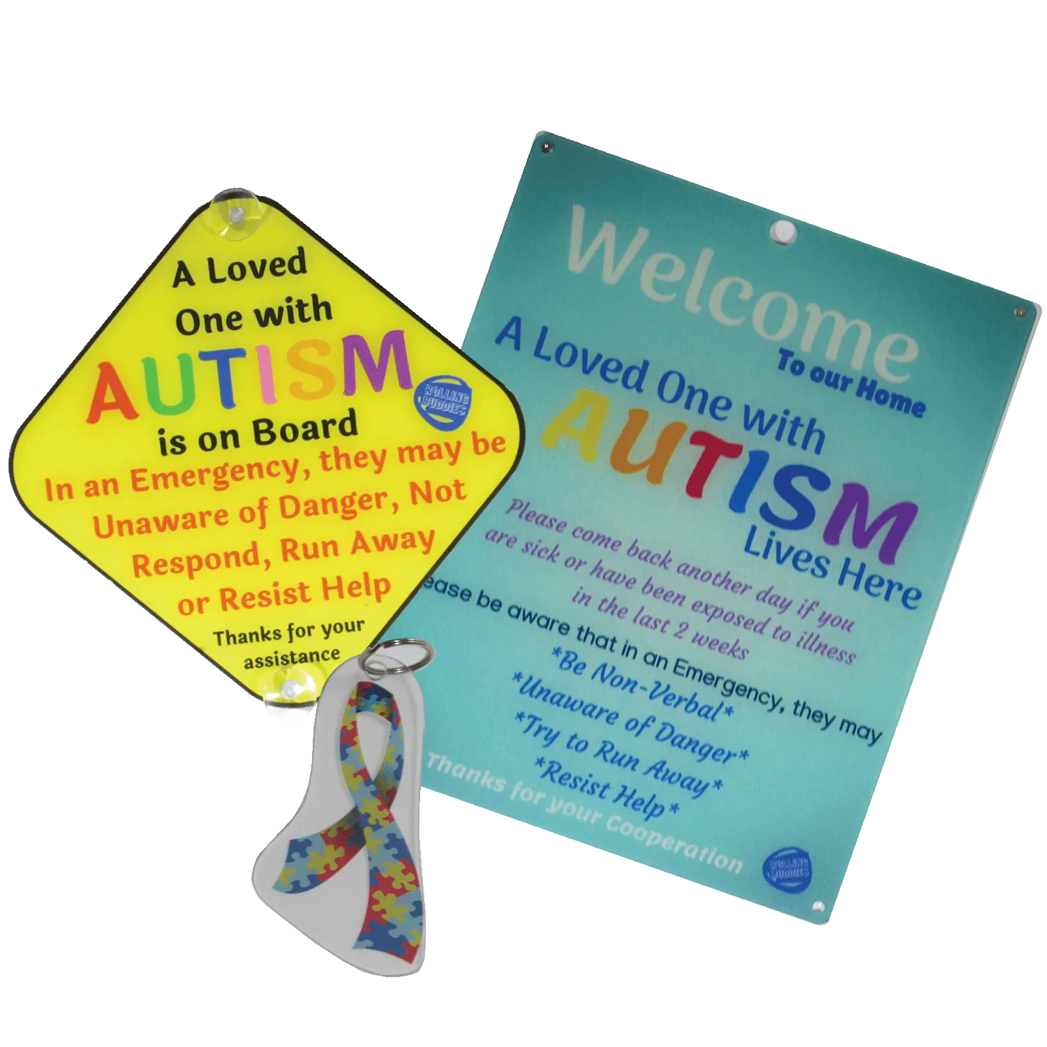 Ultimate Bundle Keychain, Light Blue Autism Plastic Door Sign and Plastic Car Sign