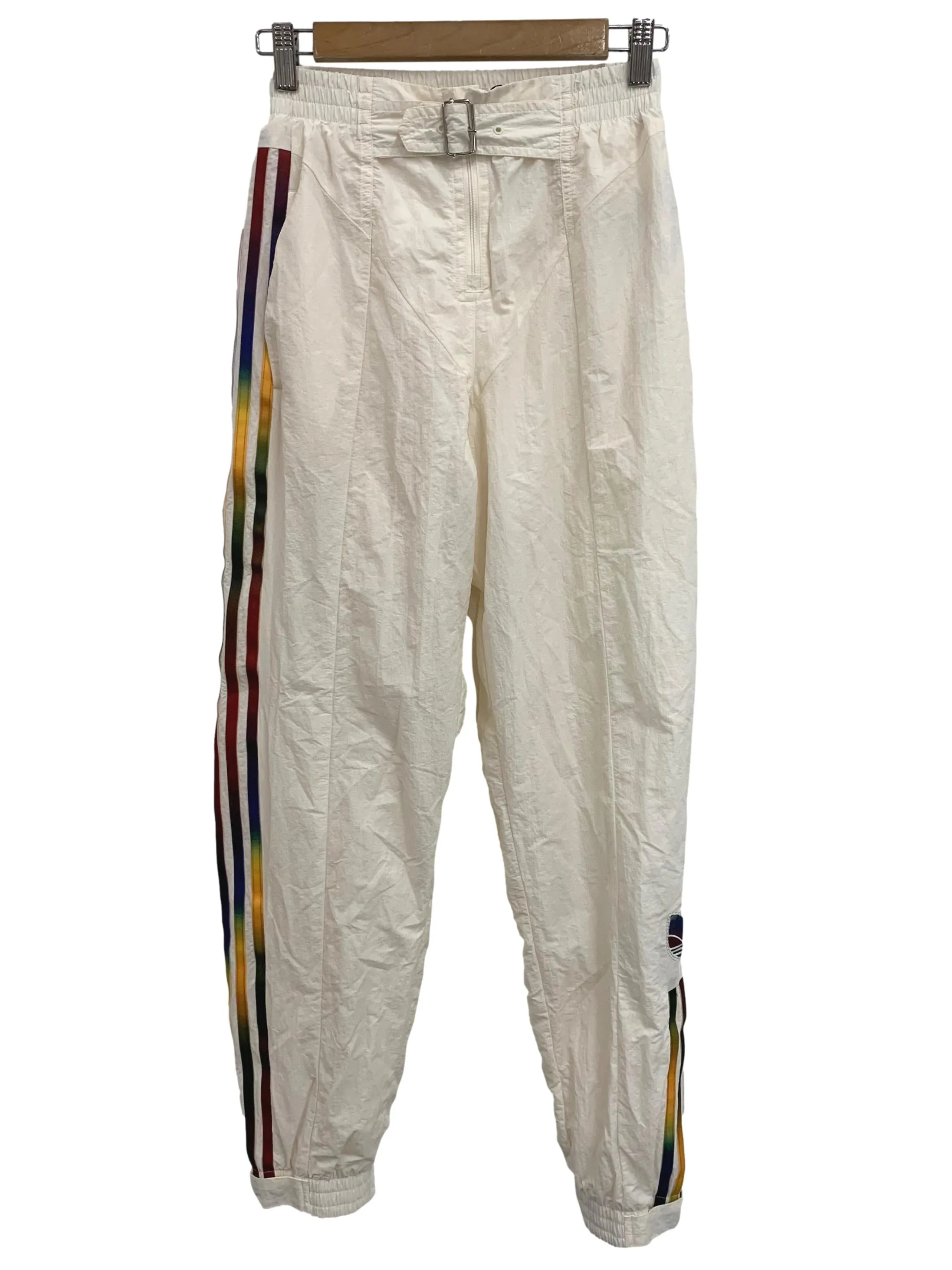 White Rainbow Stripe Belted Nylon Pants